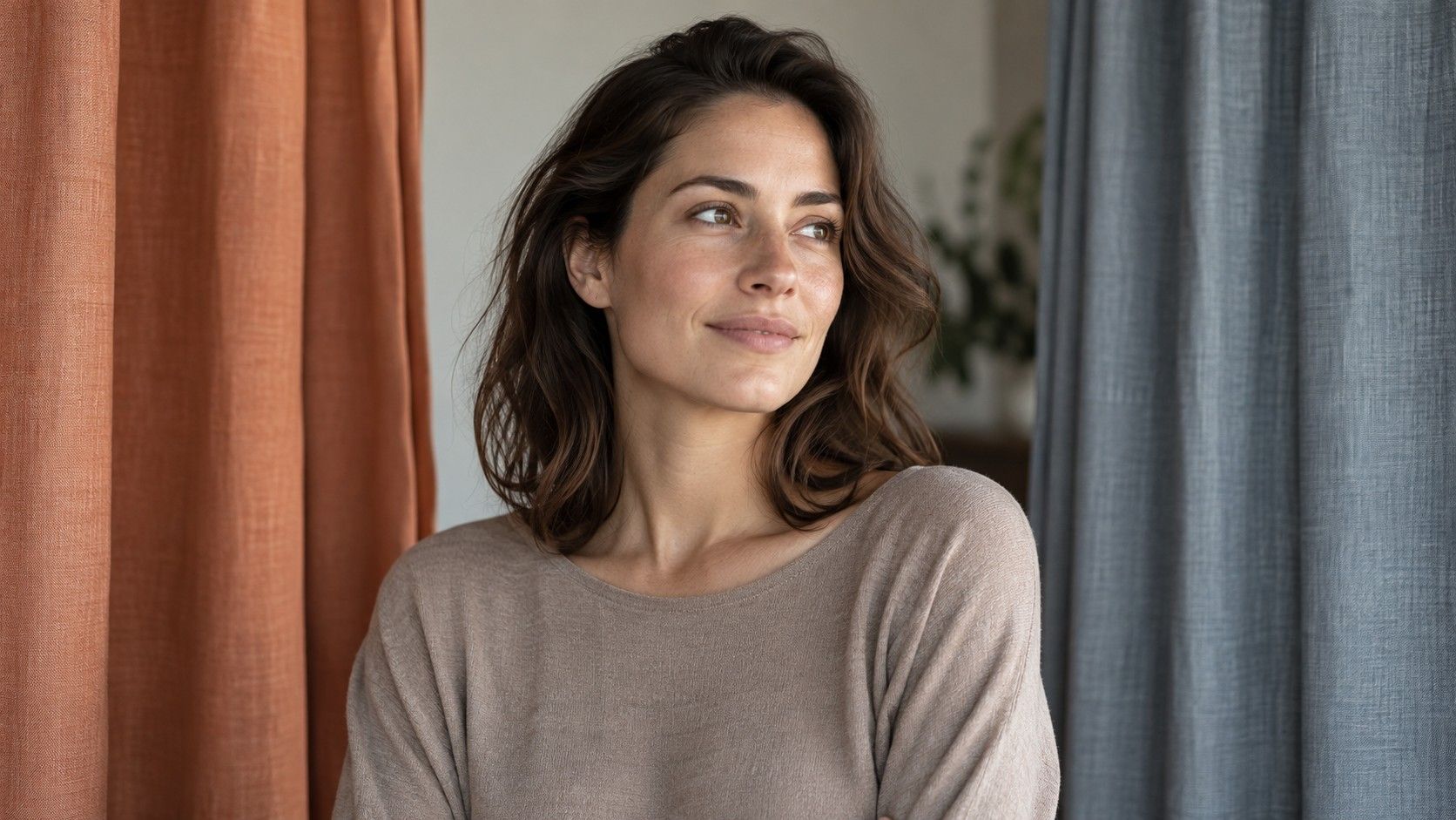 Balanced warm and cool fabric colours compared beside a face in daylight