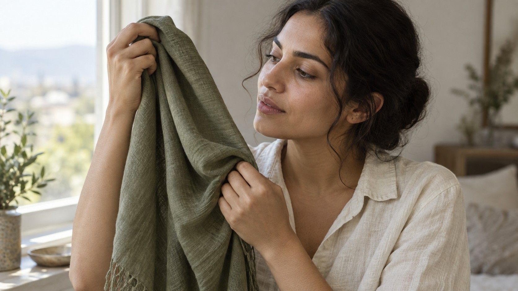 Person testing muted green and berry fabrics near olive skin in daylight