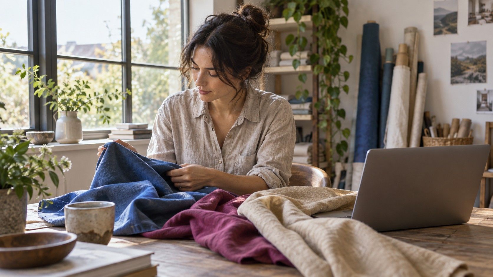 Person comparing blue and berry fabrics beside a window in natural light