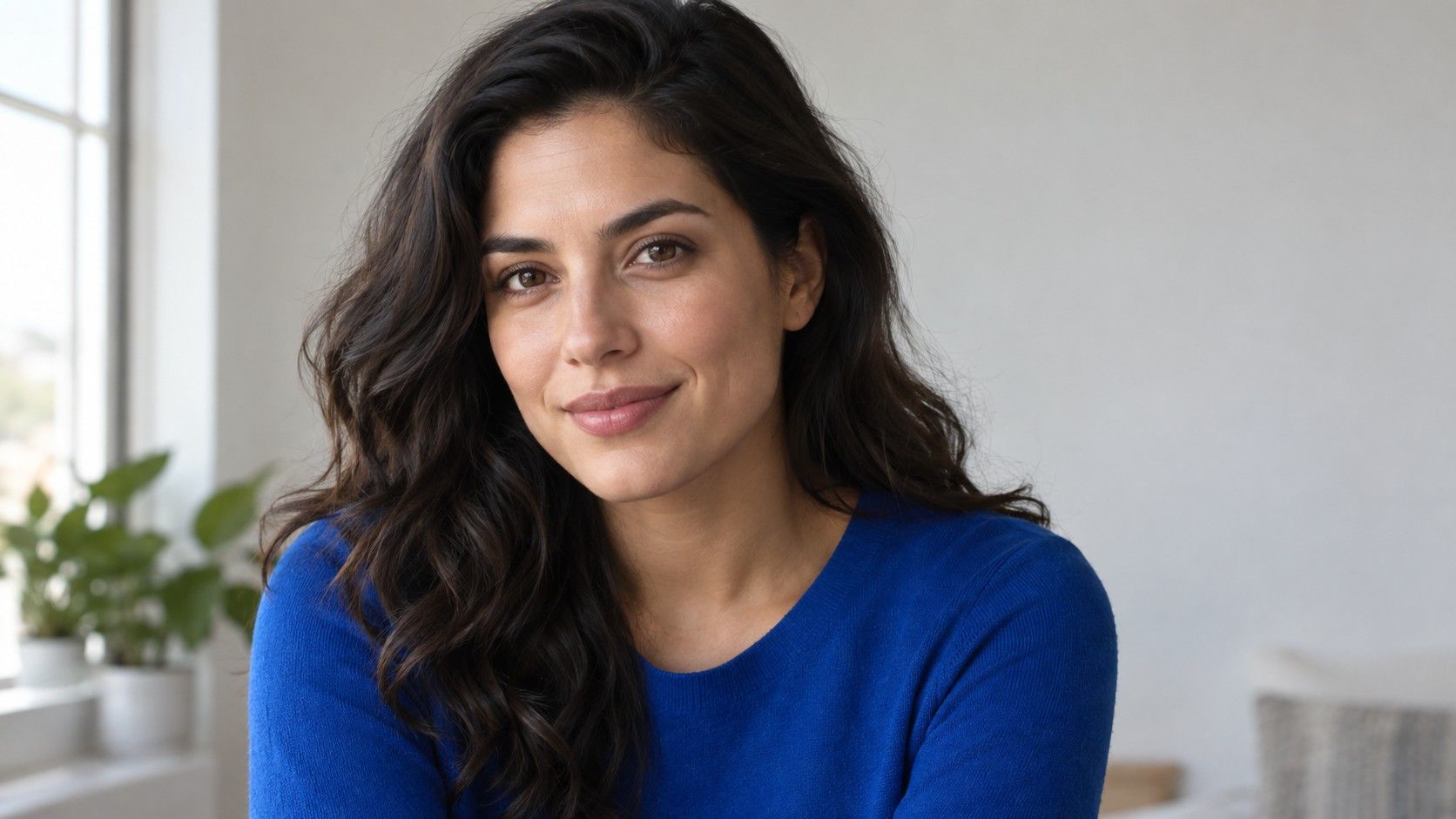 Woman comparing muted and clear blue fabrics near her face in daylight