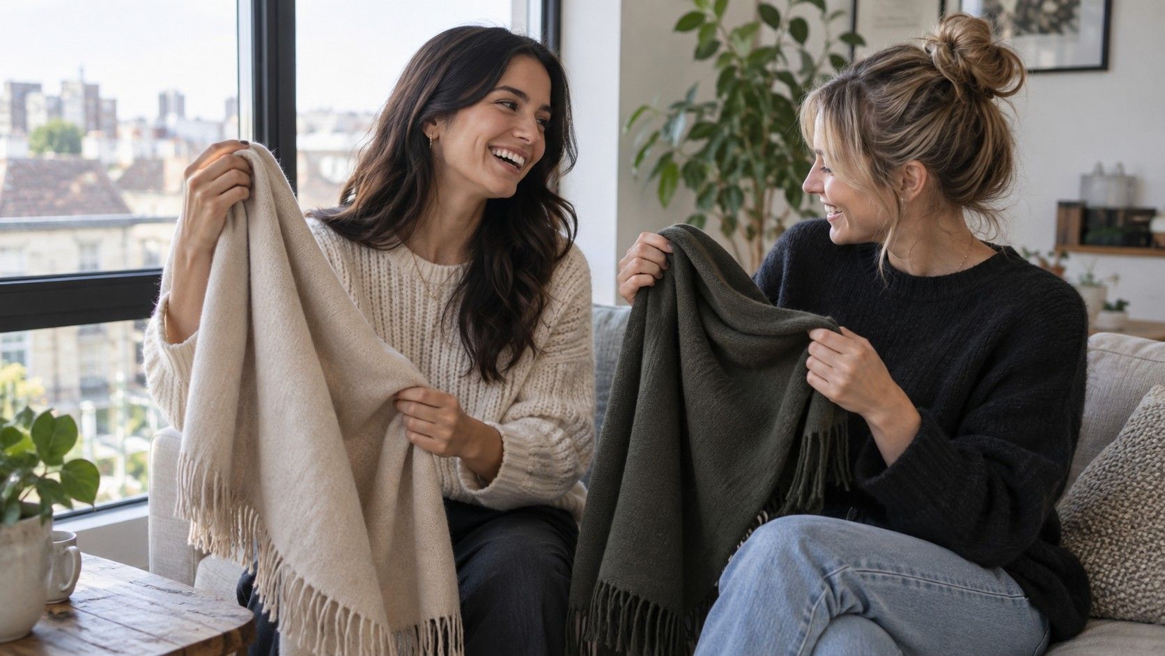Person comparing two coloured fabrics beside their face in natural light
